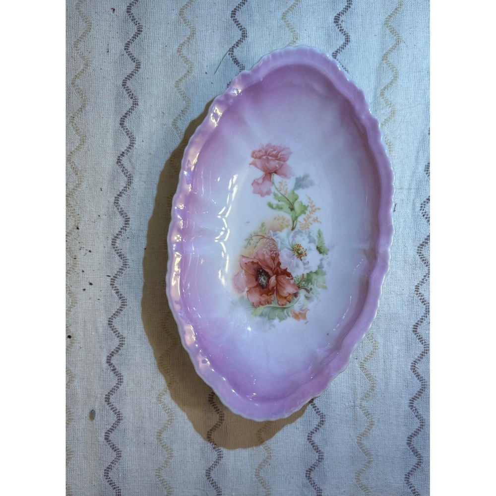 Vintage Pink Scalloped Porcelain Oval Trinket Dish Floral Poppy Design 7 Inch